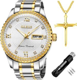 OLEVS Diamond Watches for Men,Business Dress Watch Waterproof Luminous,Male Golden Big Dial Luxury Casual Quartz Analog Watches with Day Date Calendar and Stainless Steel Band