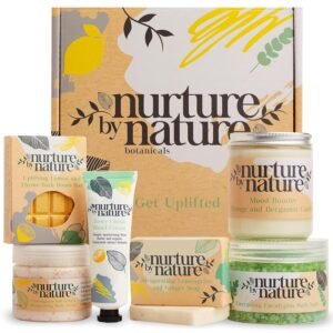 Nurture by Nature RELAX & UPLIFT Spa Kit – Birthday Gifts for Women – 6-in-1 Self-Care Kit, Spa Gift Baskets for Women, Bath Sets Gift – Bath Salts, Body Scrub, Bath Bomb, Candle, Hand Cream, Soap
