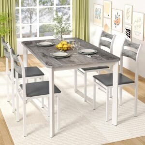DKLGG Dining Table Set for 4, 43.3″ Dining Room with 4 Upholstered PU Leather Chairs, Modern Wood Table and Chairs Set, 5-Piece Dinette Breakfast Nook, Small Places, Grey