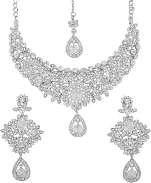 Touchstone Indian Jewelry Sets for Women Bollywood Necklace Earring Wedding high Fashion Victorian Formal Style Jewellery desi Artificial Imitation joyeria Rhinestone in Antique Gold or White Tone.