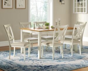 AMERLIFE 7-Piece Farmhouse Solid Wood Dining Table Set with 6 Upholstered Chairs, 60″ Space Saving Dinner Table & Chairs Set, for Dining Room, Kitchen, Restaurant, Brown & White