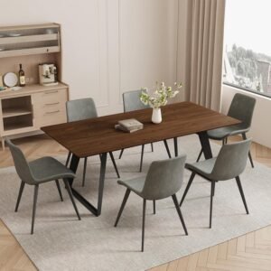 ZckyCine 63″-79″ Extendable Dining Table Set for 6, Modern Walnut Color Table with 6 Brown Chairs, Retractable Wood Table and Chair Set for Kitchen and Dining Room