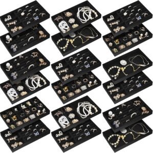 Junkin 18 Pcs Velvet Jewelry Tray Stackable Jewelry Drawer Organizer Jewellery Box Divided Display Tray for Earring Bangle(Black)