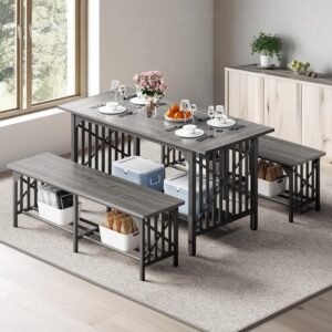 DWVO 3-Piece Dining Table Set for 4-6 People, 63″ Dining Room Table with 2 Benches, Industrial Rectangular Dining Room Table Set with Storage for Kitchen, Dining Room, Grey