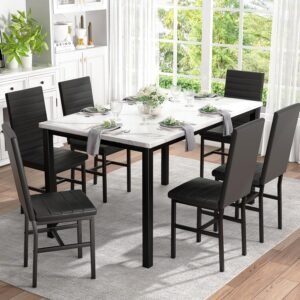 Recaceik Dining Table Set for 4-6, Faux Marble Dining Room Table Set, 7 Piece Dinner Table Set for 6 with PU Leather Modern Small Space,Black