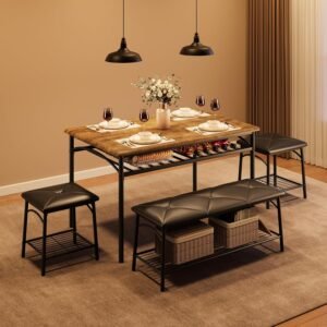 GAOMON Dining Table with Benches, Kitchen Table Set for 4, Dining Room Table Set with Upholstered Bench and Square Stools, Metal and Wood Dining Table Set for 4 with Storage for Small Space-Vintage