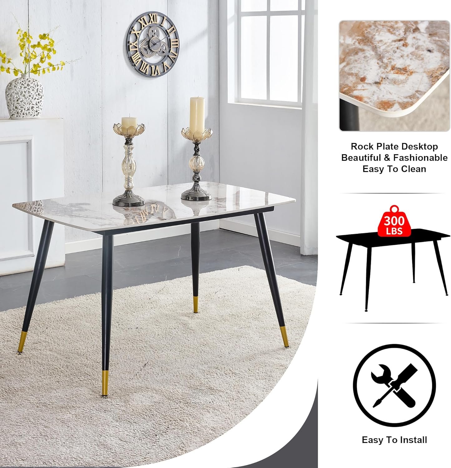 Granite Modern Dining Table Set for 4, 50" Sintered Stone Kitchen Table and 4 Upholstered PU Leather Chair Dining Room Table Set for 4(1Marble Table and Gray Chairs Set of 4) - Image 7