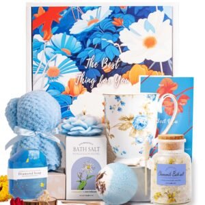 Lsuhnetcc Gift Sets for Women Luxury Unique Relaxing Spa Gift Baskets Self Care Gift Box, Birthday Gift for Her Mom Sister Wife Best Friend, Mug Teddy Bear Towel 3D Jasmine Scented Candle Rose Bath Salt, Valentine’s Mother’s Day Blue