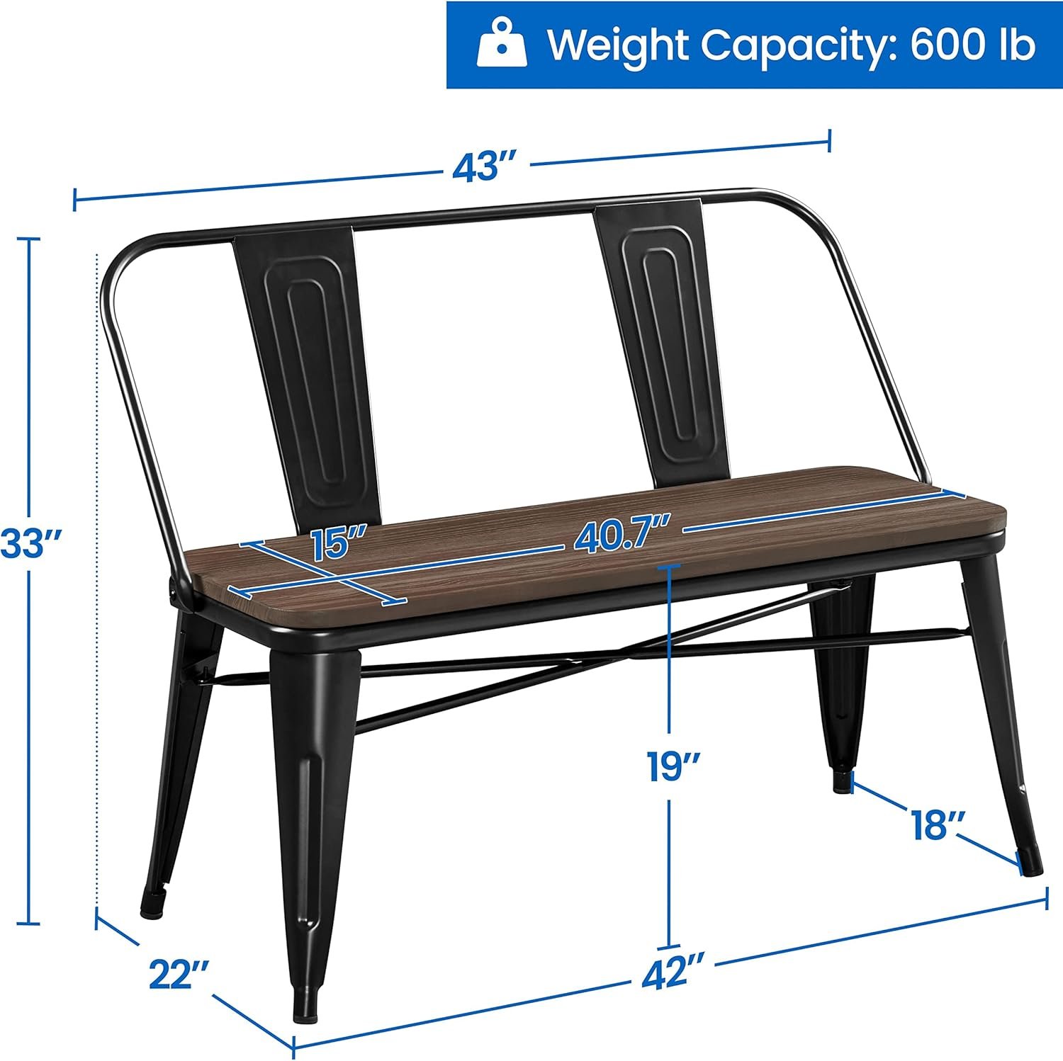 Yaheetech Industrial Metal Dining Bench Mid-Century Farmhouse Bench with Wooden Top Seat and Removable Backrest for Kitchen/Garden, Black - Image 3