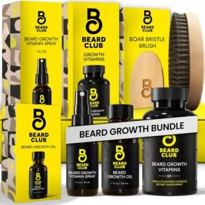 Beard Club Premium Beard Growth Kit – Growth Oil, Vitamins, Vitamin Spray & Boar Bristle Brush – Gift Set