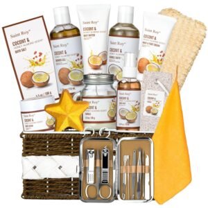 Fathers Day Gifts for Men Dad Body spa Set, Bath Spa Gift Baskets 26 pcs for Women & Men Bath and Body Shower Bath Kit, Coconut & Honey Almond Pampering Large Luxury Home Spa Kit, Mother’s Day