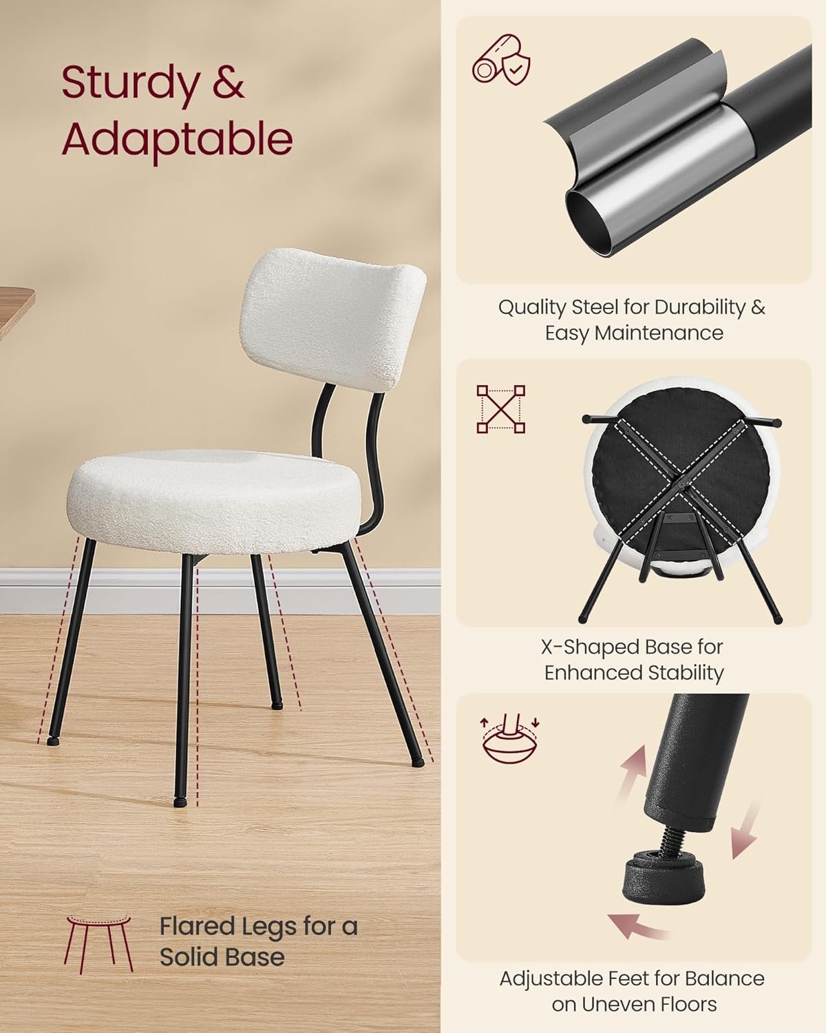 VASAGLE Boucle Dining Chairs Set of 2, Upholstered Kitchen Dining Room Chairs with Curved Backrest and Steel Frame, Modern Mid Century, Round, for Vanity, Living Room, Cream White UKDC110W01 - Image 5