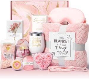 Birthday Gifts for Women Self Care Gifts Get Well Soon Gifts, Rose Relaxing Spa Gifts Basket Care Package w/ Luxury Flannel Blanket, Unique Mothers Day Gifts for Mom Her Friend Sister Wife Grandma