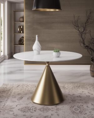 Morden Fort Modern Round Dining Table 47 Inch White Circle Faux Marble Top Kitchen Table with Gold Luxury Cone Pedestal for Dining Room, Home Kitchen, Bistro and Breakfast Nook