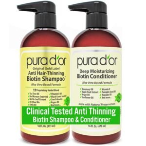 PURA D’OR Anti-Thinning Biotin Shampoo & Deep Moisturizing Conditioner Original Gold Label Set (16oz x2) Natural Earthy Scent, CLINICALLY TESTED Effective Results, Hair Thickening Product, Women & Men