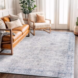 Rugshop Ocean/Blue Transitional Vintage Bordered Area Rug — Machine Washable, 5′ X 7′ for Living Room, Bedroom and Home Office