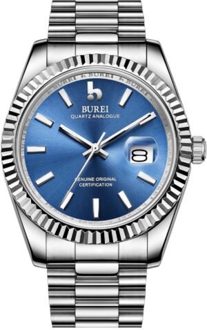 BUREI Mens Watches Luxury Stainless Steel Analog Quartz Waterproof Wristwatch Sapphire Crystal Dial with Calendar Display,Gift for Men