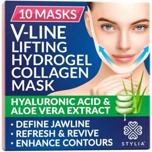 STYLIA V Line Lifting Collagen Face Mask – Double Chin Strap for Women – Jawline Shaper Face Lift Tape – Neck Lift Collagen Mask – Chin Strap for Sleeping – Hyaluronic Acid, Aloe Vera, Cica 10PC