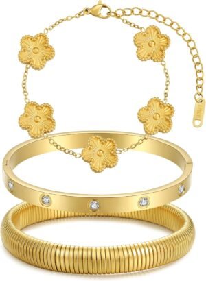 Stackable Four Leaf Clover Bracelets for Women, 18K Gold Plated Love Bangle Bracelets Set, 3 Pcs Chunky Jewelry Gifts