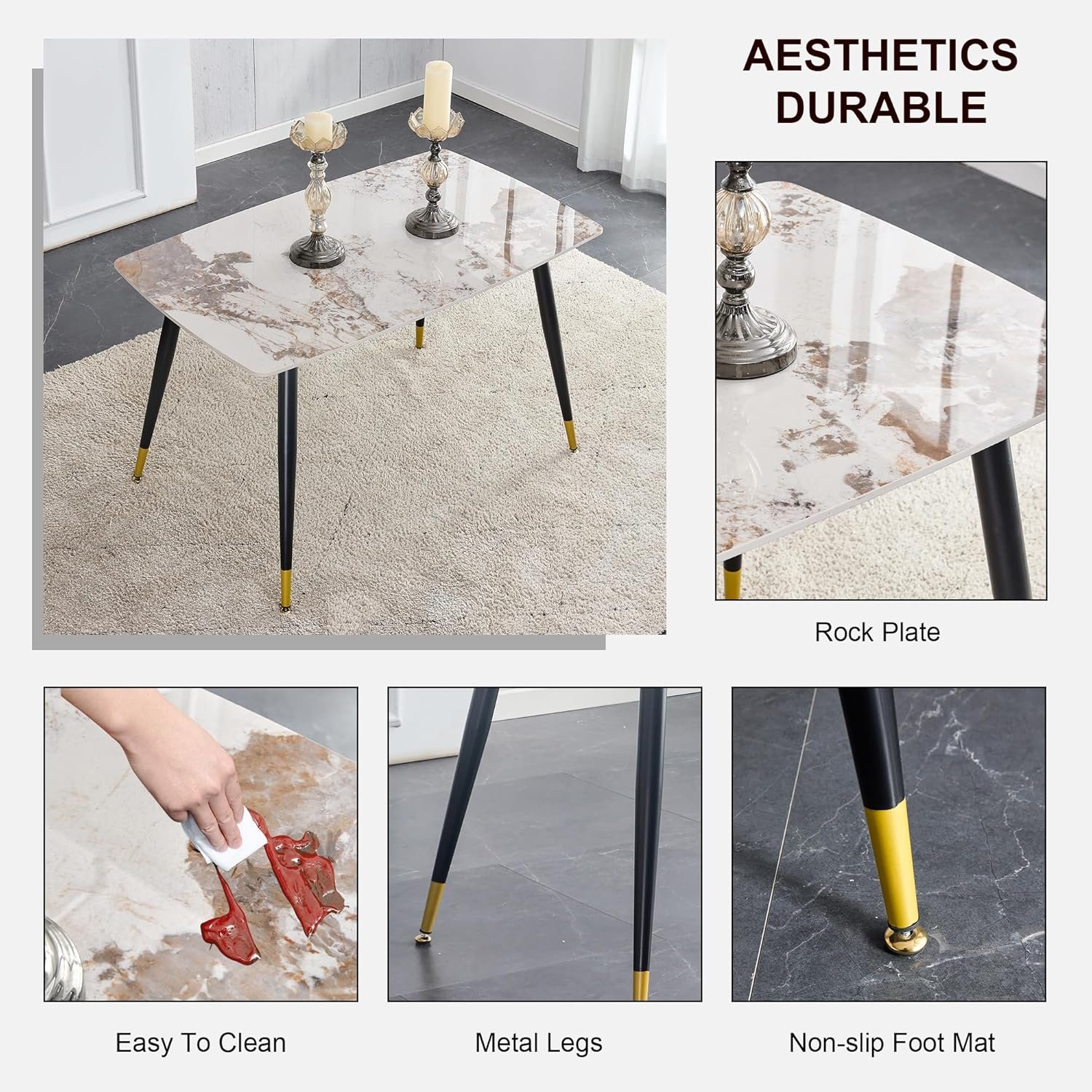 Granite Modern Dining Table Set for 4, 50" Sintered Stone Kitchen Table and 4 Upholstered PU Leather Chair Dining Room Table Set for 4(1Marble Table and Gray Chairs Set of 4) - Image 4