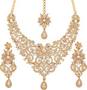 Touchstone Indian Jewelry Sets for Women Bollywood Wedding Bridal Necklace desi Earrings Formal Fancy Rhinestone India Designer Jewellery Punjabi Tikka Set in Antique Gold or Silver or White Tone