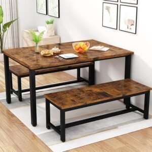 AWQM Dining Room Table Set, Kitchen Table Set with 2 Benches, Ideal for Home, Kitchen and Dining Room, Breakfast Table of 47.2×28.7×28.7 inches, Benches of 40.5×11.0x17.7 inches, Rustic Brown