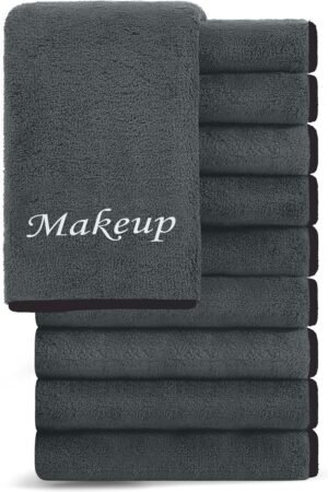 Cosy Family 10 Pack Makeup Remover Wash Cloths – Soft Microfiber Fingertip Facial Cleansing Cloths for Hand and Make Up, 12 x 12 in, Black Grey