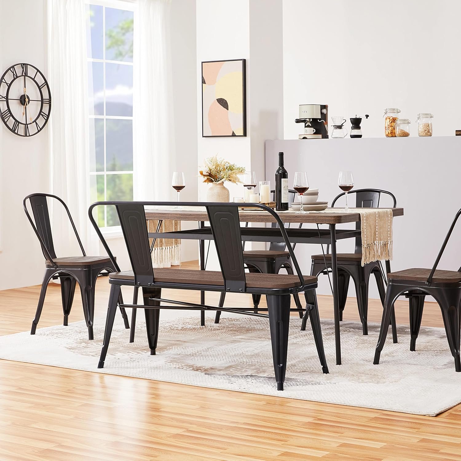 Yaheetech Industrial Metal Dining Bench Mid-Century Farmhouse Bench with Wooden Top Seat and Removable Backrest for Kitchen/Garden, Black - Image 2