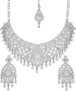 Touchstone Indian Bollywood Masterly Created Sparkling Rhinestones Studded Look Grand Bridal Jewelry Necklace Earrings Mangtika Set In Silver or White or Gold Tone For Women.