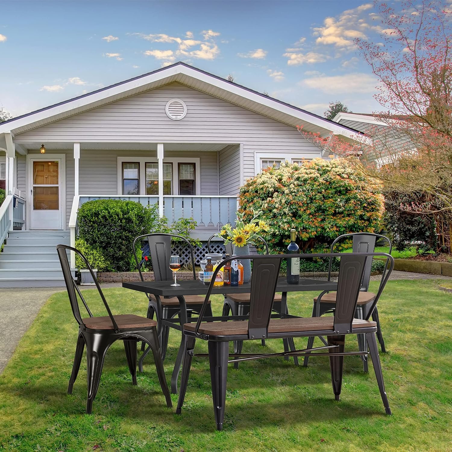 Yaheetech Industrial Metal Dining Bench Mid-Century Farmhouse Bench with Wooden Top Seat and Removable Backrest for Kitchen/Garden, Black - Image 9