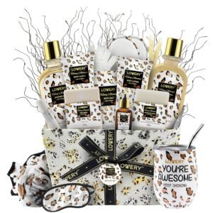 Luxury At-Home Spa Kit with Honey Almond Scent – Bath Gift Basket with Vit E-Rich Bath Essentials, Tumbler, Ear Candles, Bath Oil, Salts, Shower Steamer, Organic Lip Balm & More in Leopard Basket, 21