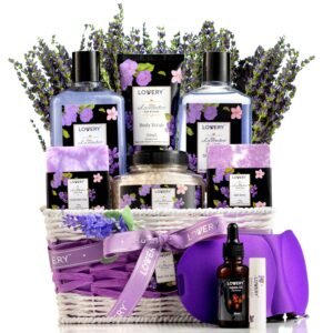 Birthday Gift Basket, Lavender & Lilac Spa Gift Basket For Women & Men – Handmade Soap, Potpourri, Bath Bomb, Jojoba Oil, Organic Lip Balm & More – Stress Relief Set, Bath & Body Self Care Package