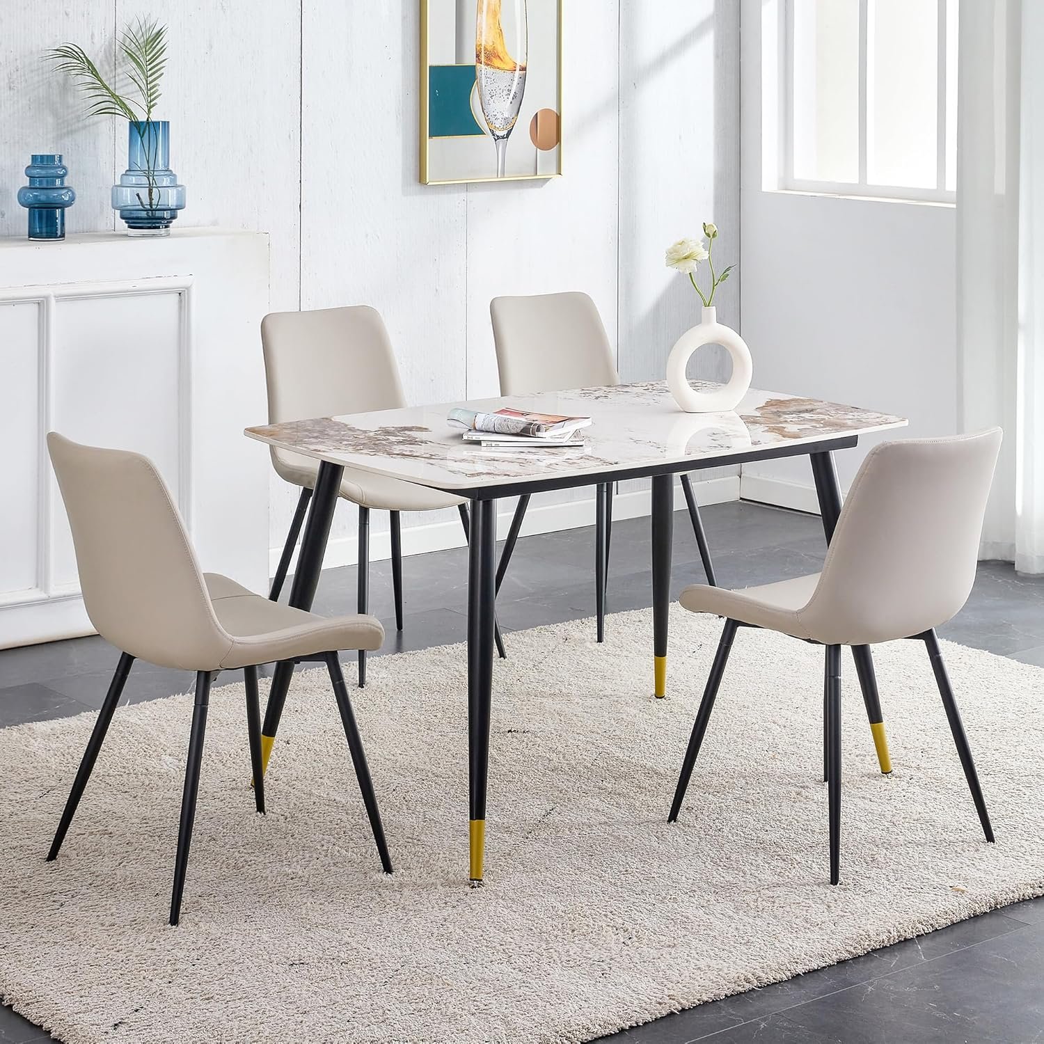 Granite Modern Dining Table Set for 4, 50" Sintered Stone Kitchen Table and 4 Upholstered PU Leather Chair Dining Room Table Set for 4(1Marble Table and Gray Chairs Set of 4)
