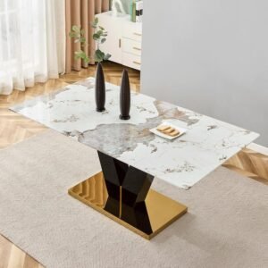 Marble Dining Table,Modern Dining Room Table with Golden Stainless Steel Base,Marble Kitchen Table for 8 People,71” Gold Dining Table Ideal for Living Room Home Office