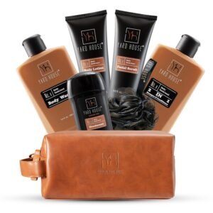 Luxury Mens Bath and Body Gift Set Basket For Him – Smoky Sandalwood – All Natural Skin Care Kit For Men w. Full Size Body Wash, Facial Scrub, Body Lotion, Deodorant in Leather Toiletry Bag