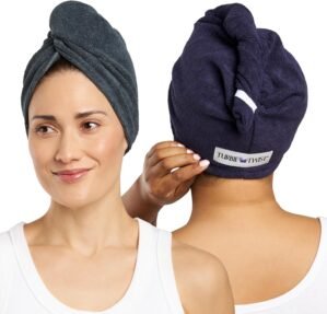 Turbie Twist 2-Pack Microfiber Hair Towel for Beauty, Travel, Gifting – Wrap Turban for Straight, Wavy & Curly Hair – Premium Personal Care- Evening Blue & Dark Shadow