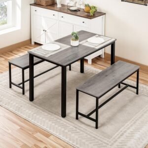 Naomi Home Paola Dining Set for 4 with 2 Benches, Kitchen Table Set with Metal Frame & MDF Board, Space-Saving Dinette for Kitchen, Dining Room – Gray