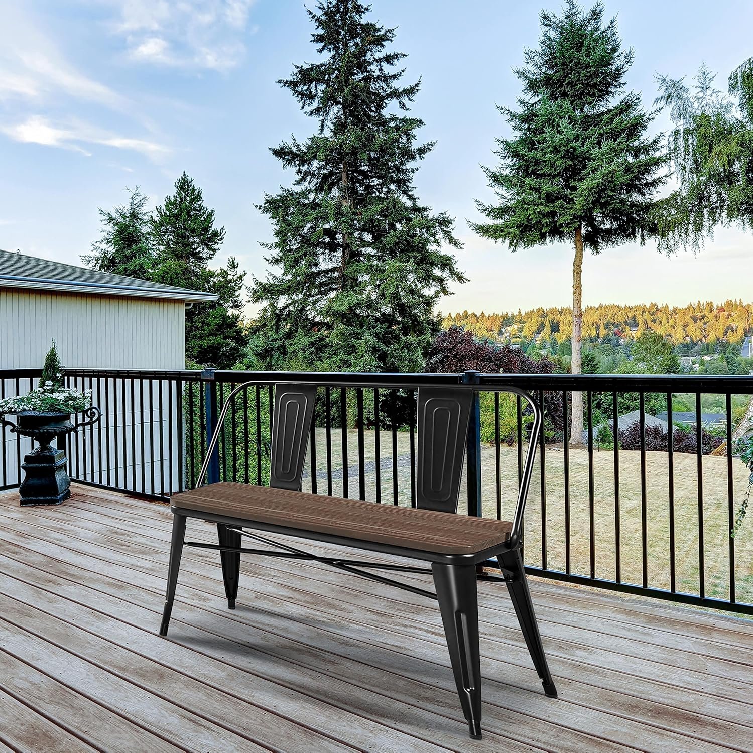 Yaheetech Industrial Metal Dining Bench Mid-Century Farmhouse Bench with Wooden Top Seat and Removable Backrest for Kitchen/Garden, Black - Image 8