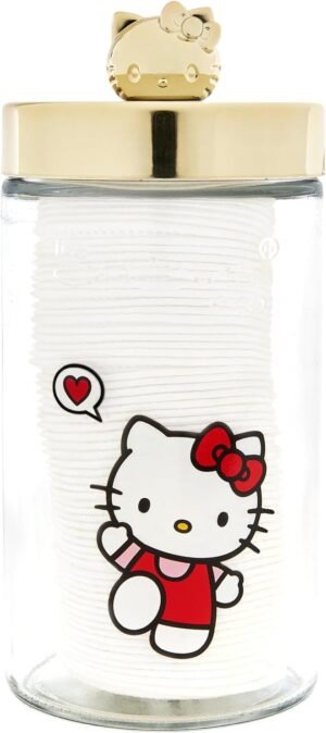 The Crème Shop x Hello Kitty Chic Reusable Glass Jar with Premium Soft Cotton Pads: Gentle Absorbent Ideal for Makeup Removal Skincare Routine Sensitive Skin (Reusable Jar + Premium Cotton Pads)