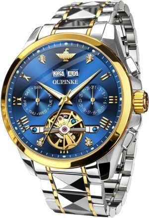 OUPINKE Men’s Watch Automatic Designer Big Face Luxury Mechanical Skeleton Dress Business Wrist Watches Two Tone Tungsten Steel Waterproof Sapphire Calendar