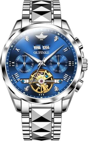 OUPINKE Mens Watches Automatic Skeleton Tourbillon Self Winding Luxury Sapphire Crystal Business Dress Wristwatch