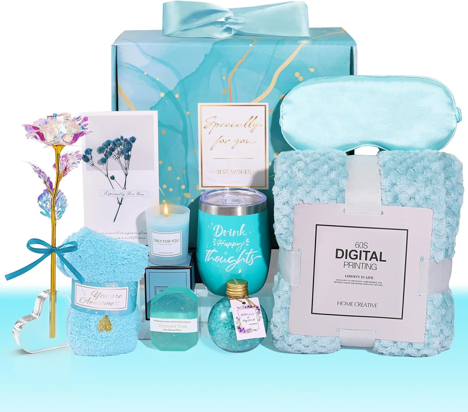 Birthday Gifts for Women Self Care Gifts Get Well Soon Gifts, Rose Relaxing Spa Gifts Basket Care Package, Luxury Flannel Blanket, Unique Mothers Day Idea Gifts for Mom Her Grandma Friend Sister Wife