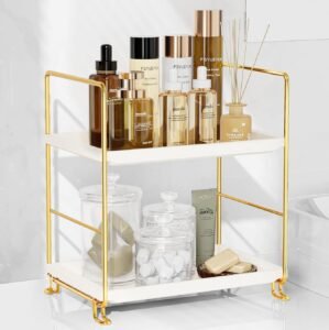 FSyueyun 2-Tier Bathroom Countertop Organizer, Tool-Less Installation Premium Plastics Makeup Shelf Organizer Perfume Skincare for Dresser Vanity Tray Organizers and Storage (Gold)