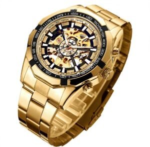 Gute Mens Watches, Mechanical Skeleton Stainless Steel Waterproof Automatic Self-Winding Watch for Men, Luxury X Dial Steampunk Wrist Watch