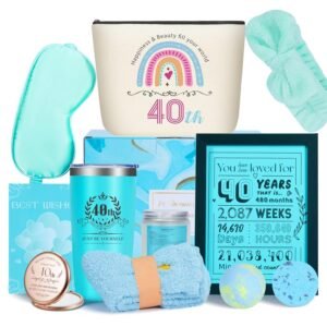 40th Birthday Gifts for Women – Luxury Spa Gift Basket with Tumbler, Candle, Bath Bombs, Socks & More – Self Care Set for Wife, Mom, Sister, Friends – 12 PCS Relaxation Gifts Box