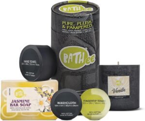 Bathroom Gift Set – Luxury Beauty & Personal Care Bath Kit of 5 – Bath Set Includes 100% Cotton Hand Towel, Fingertip Towel, Wash Cloth, French Vanilla Scented Candle & Jasmine Soap Bar
