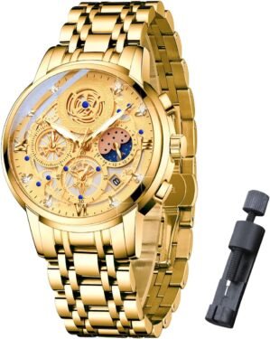 senstone Moon Phase Watch for Men Multifunction Chronograph Dial Analog Quartz Wristwatch Luxury Diamond Business Dress Watch with Luminous Waterproof Calendar Stainless Steel Strap