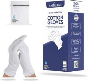 AKRILANE XXL Extra Extra Large 10 Pairs 100% Premium Cotton Gloves for Dry Hands | Moisturizing Overnight Gloves for Eczema, Psoriasis & Skin Spa Treatment for Women & Men | Free Laundry Bag, White