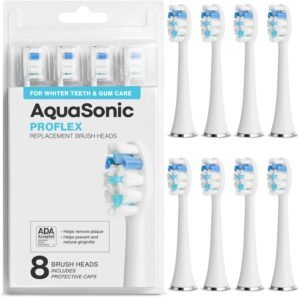 AquaSonic Proflex Replacement Brush Heads | ADA Accepted | for Whiter Teeth & Gum Care | Compatible with Many AquaSonic Toothbrush Handles (8 Pack White)
