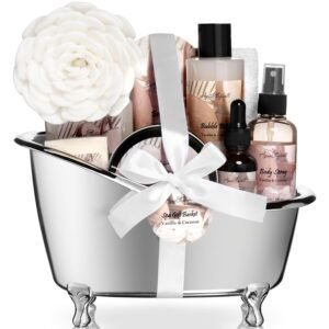 Spa Gift Baskets For Women – Luxury Bath Set With Coconut & Vanilla – Spa Kit Includes Body Wash, Bubble Bath, Lotion, Body Butter, Soap, Body Spray, Shower Puff, and Towel